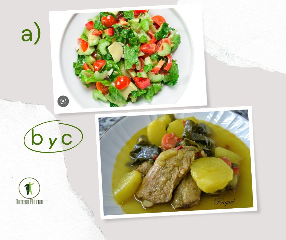 Ensalada de apio, tomate y aguacate con patatas guisadas con acelgas y costilla.